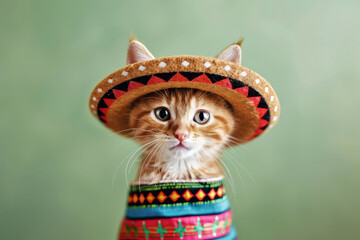 Cute kitten wearing a Mexican sombrero. Cinco de Mayo celebration - obrazy, fototapety, plakaty