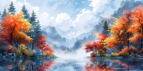 Fototapeta premium Autumnal Majesty: Trees Framing a Tranquil Blue Pond