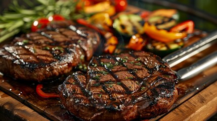 A close-up shot of perfectly grilled steaks with char marks, resting on a cutting board with grilling tongs and a side of grilled vegetables  - obrazy, fototapety, plakaty