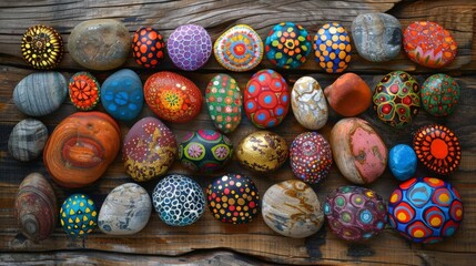 A collection of colorful, hand-painted pebbles arranged in a mandala pattern on a wooden table. 