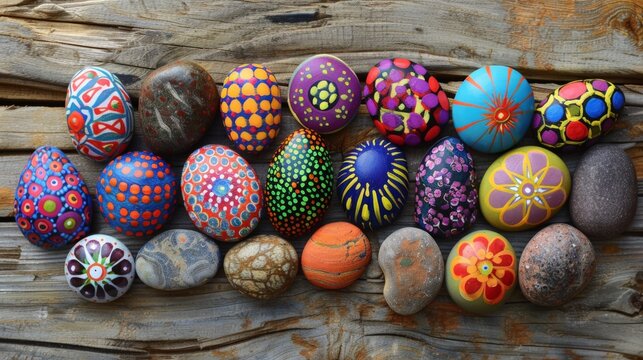 A collection of colorful, hand-painted pebbles arranged in a mandala pattern on a wooden table. 
