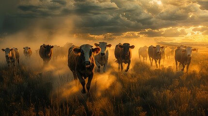 Fototapeta premium Dynamic Herd of Cattle Under Cloudy Sky, generative ai