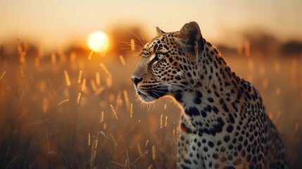 Vintage Sunset Spotted Leopard, generative ai