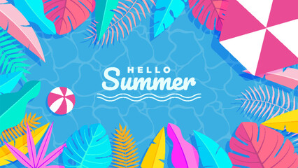 "Hello Summer" concept design with abstract illustrations on a background of exotic forest leaves, colorful designs, as well as summer backgrounds and banners.