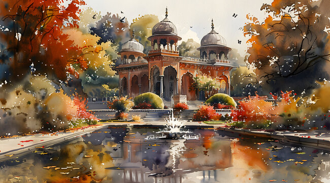 Islamic Garden Serenade: Watercolor Symphony of Butterflies Amidst Mughal Magnificence