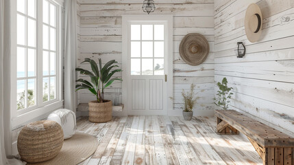 Coastal beach house interior with whitewashed shiplap walls and distressed wood floors