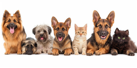 Smiling pets lined up against white background