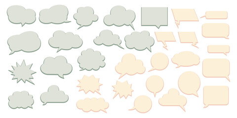 Zbiór różnorodnych dymków mowy i myśli, każdy o unikalnym kształcie i wzorze, w tym zaokrąglone prostokąty, owale, chmury, ząbkowane krawędzie. Różne style komunikacji.