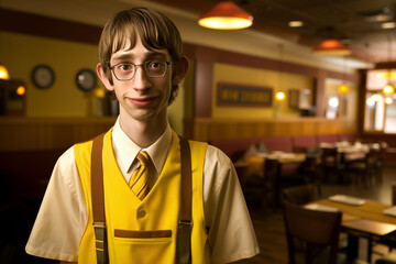 Enthusiastic Young Waiter in Vibrant Diner Environment Offering a Friendly Service Experience
