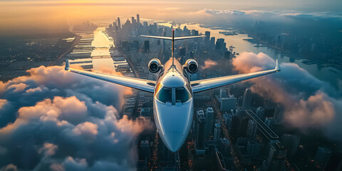 cityscapes as the backdrop for the flying jet