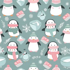 seamless pattern of cute penguins wearing winter hats and scarves