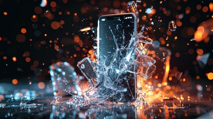 A dynamic product launch scene with a hyperrealistic 3D phone shattering expectations. Emphasize motion blur and light trails. 