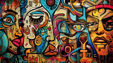Vibrant Urban Graffiti Art: Faces, Patterns, and Abstract Elements