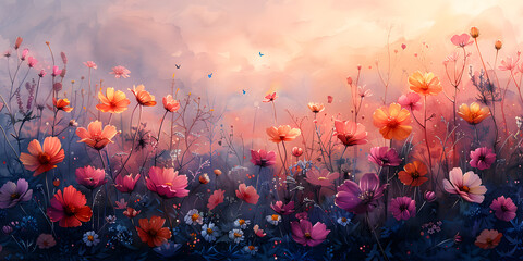 Fototapeta na wymiar A Symphony of Colors in the Wildflower Meadow - A Vibrant Watercolor Journey