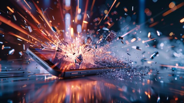 A dynamic product launch scene with a hyperrealistic 3D phone shattering expectations. Emphasize motion blur and light trails. 