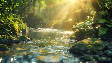 A crystal-clear stream winding through a pristine forest, with sunlight filtering through the leaves.