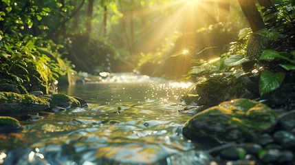 Fotobehang A crystal-clear stream winding through a pristine forest, with sunlight filtering through the leaves. © Eve Creative