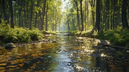 A crystal-clear stream winding through a pristine forest, with sunlight filtering through the leaves.
