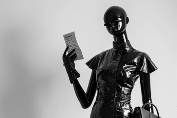 Elegant mannequin in a stylish dress holding a blank paper against a plain background pose for photo shooting