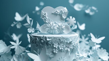 A detailed papercut illustration of a wedding cake, adorned with intricate sugar flowers and a heart-shaped topper.