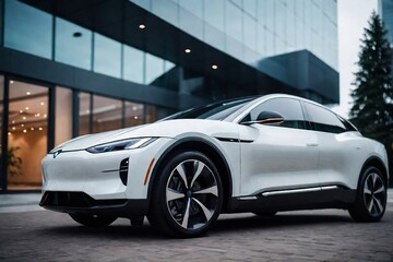 Futuristic EV car in front of a modern building with copy space.