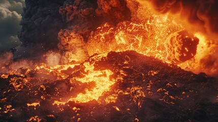 A dramatic 3D rendering of a volcanic eruption, capturing the power and fury of molten lava spewing from the Earth's core. - obrazy, fototapety, plakaty