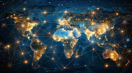 Naklejka na ściany i meble A detailed digital map showing a global quantum blockchain network