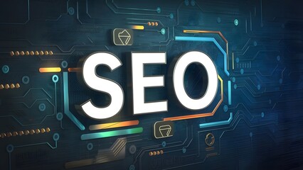 A futuristic and sleek concept of SEO (Search Engine Optimization) as a concept. In the center is a massive, open-lattice search engine - obrazy, fototapety, plakaty