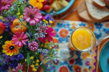 A colorful brunch setting with fresh orange juice and vibrant wildflowers