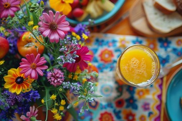 Fototapeta premium A colorful brunch setting with fresh orange juice and vibrant wildflowers
