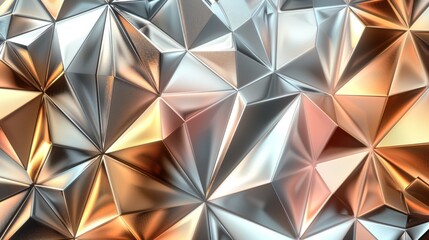 A geometric abstract background with overlapping metallic triangles in gold, silver, and rose gold.