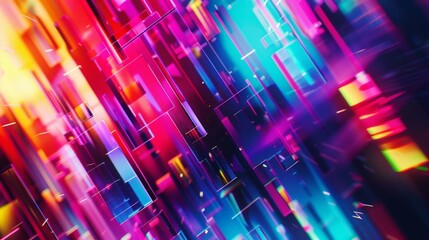 A glitchy abstract background with distorted geometric shapes and vibrant neon colors, reminiscent of a digital world.