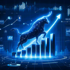 Concept of growth trends in global financial markets Glass bull on the background of stock prices Stock market and business finance