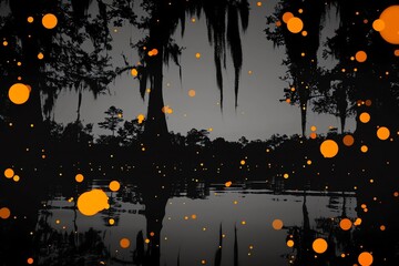 Vibrant swamp at twilight, with fireflies lighting up and reflections on the water