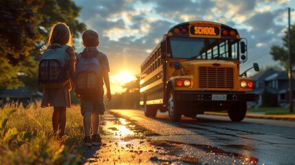 Children walking to the school bus