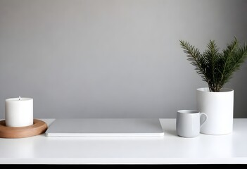 Clean Aesthetic Scandinavian style table, desk with decorations	