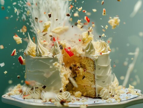 the cake shatters due to an explosion from inside