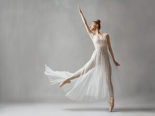 prima ballerina against a gray gradient background, exquisite dance, ballet dancer on one toe