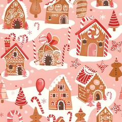 Gingerbread Village on Christmas, New year, Valentine and other holidays with seamless pattern.