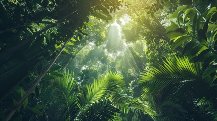 A lush green rainforest canopy with sunlight filtering through the leaves, casting dappled light on...