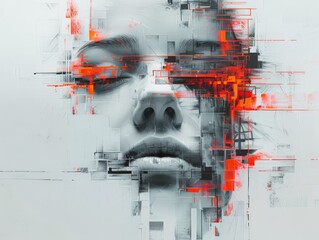 Artistic portrayal of a minimalist human face immersed in a digital world of technology.