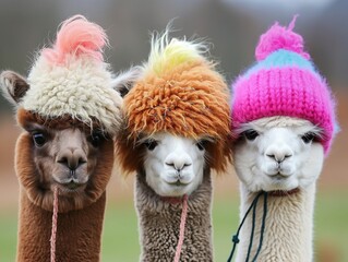 Portrait of funny alpacas lamas outdoors wearing funny knitted hats