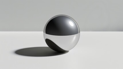 A minimalist abstract with a single, perfectly smooth steel sphere casting a long shadow on a stark white background.