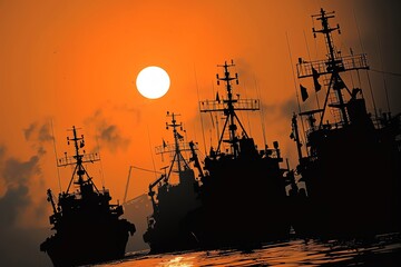 Bustling seaport during the golden hour, with ships and cranes silhouetted against the sky