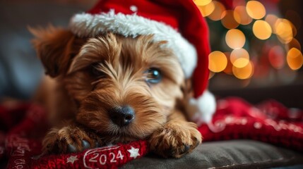 Fototapeta na wymiar Cheerful Celebratory Dog Wearing a Santa Hat with Colorful Ribbons - Spreading Joy and Festive Vibes in 2024