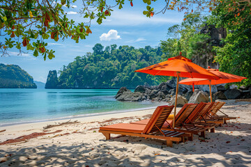 Sun loungers and umbrella on a tropical beach against the backdrop of a picturesque tropical landscape with the ocean at sunny hot day