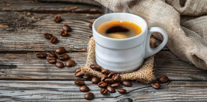 White Cup of Coffee with Steam and Brown Beans on Wooden Background, Close-up