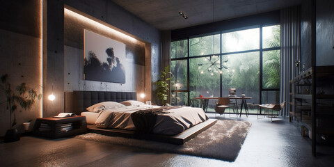 Cozy interior of bedroom in modern house.