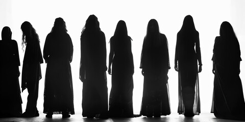 Silhouette of a group of christian women standing in formal wear