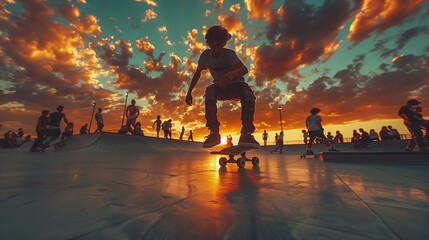 Dynamic Sunset Skateboarders, generative ai - obrazy, fototapety, plakaty